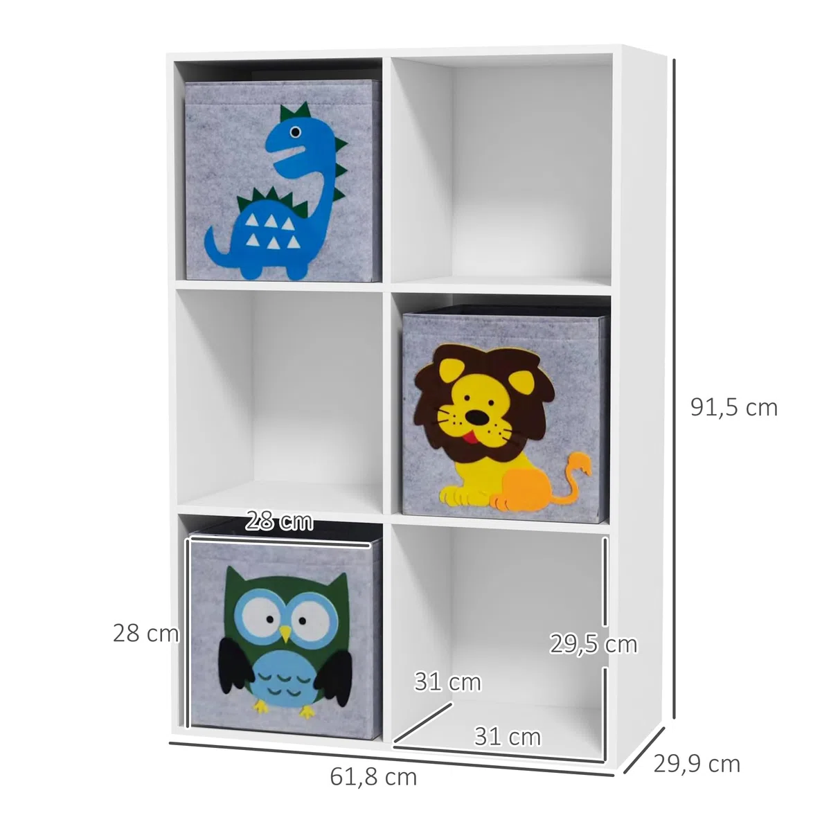ZONEKIZ Meuble de Rangement pour Enfant, étagère pour Chambre d'enfants, bibliothèque, 6 Cases, 3 Cubes paniers en Tissu Motif Animaux pour Salle de Jeux, 62 x 30 x 91,5 cm, Blanc