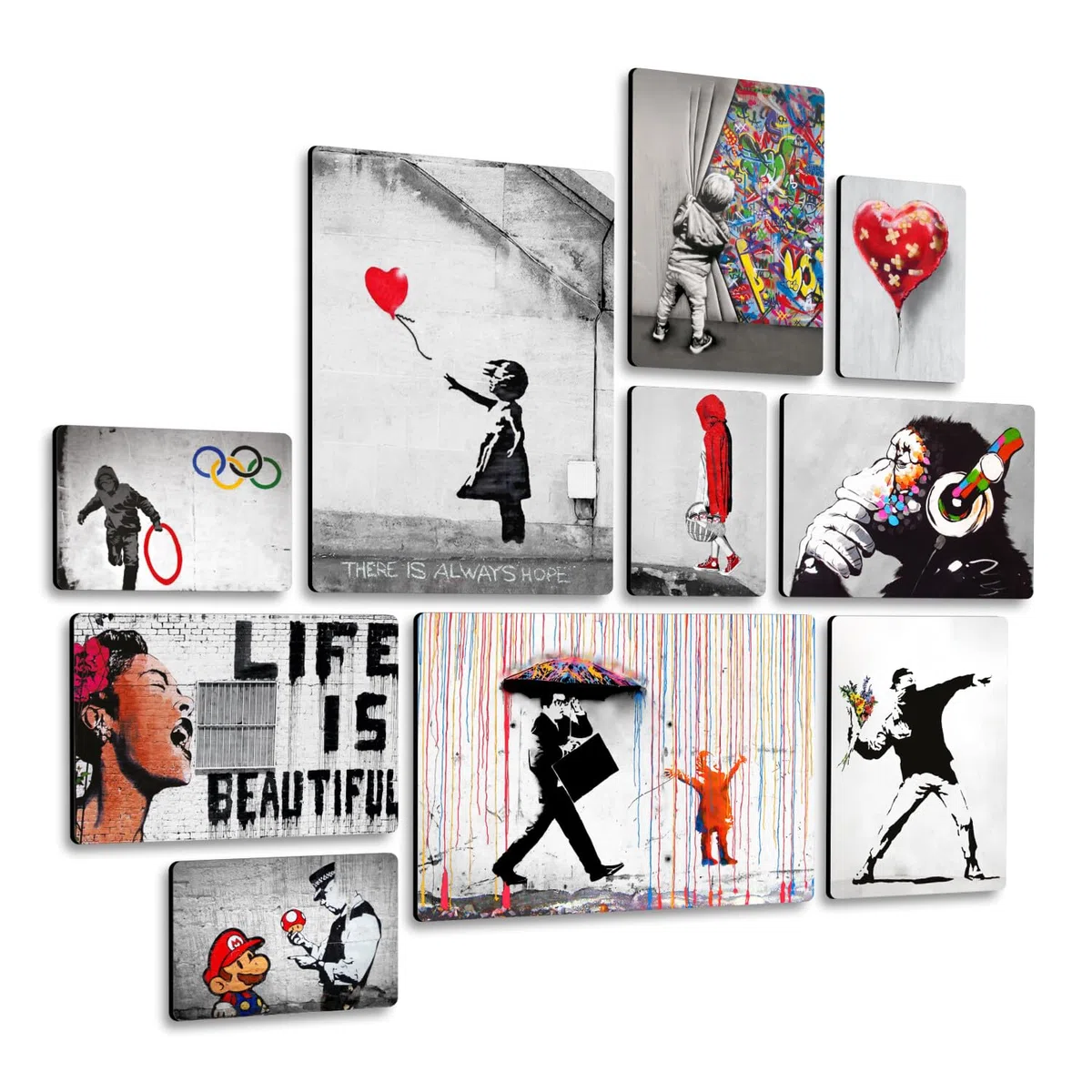 Giallobus - Ensemble de 10 peintures multi-panneaux - Banksy - Collection 1 - Bois MDF - - 2 x 42x29,7cm - 4 x 29,7x21cm - 4 x 21x14,85cm - - Prêt à accrocher - Tableaux