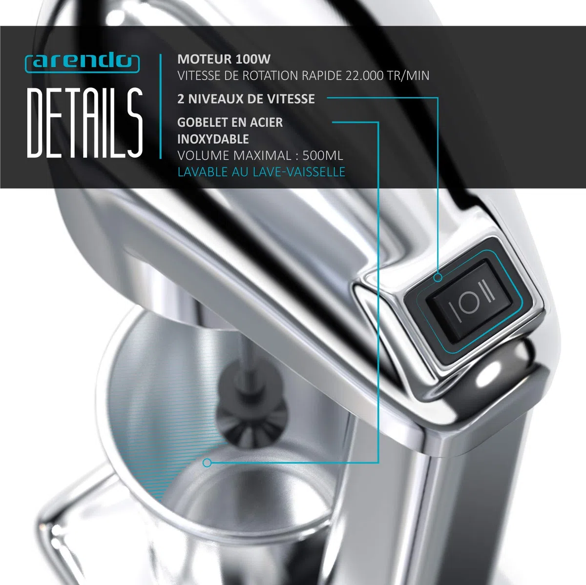 Arendo - Mixeur mélangeur de boissons, Mixer Plongeantblender shaker, Mixeur électrique cuisine, 2 vitesses 22.000 tr/min, Récipient 500ml inox, pour boissons protéinées Smoothies Milkshakes Cocktails