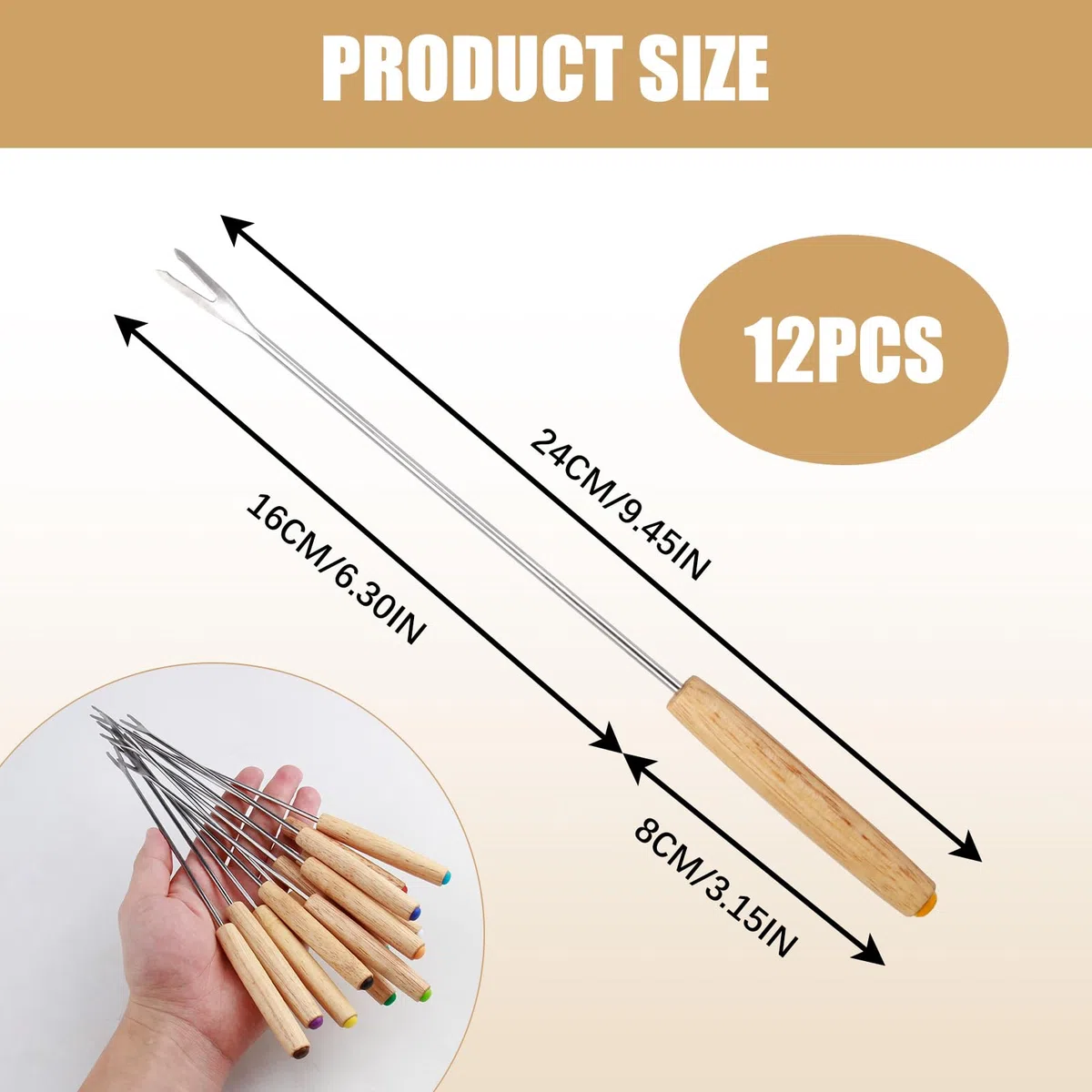 12PCS Fourchettes à Fondue en Acier Inoxydable, Poignées en Bois, pour Fondue au Chocolat, au Fromage, et Barbecues, Couverts Multicolores pour Réceptions et Camping