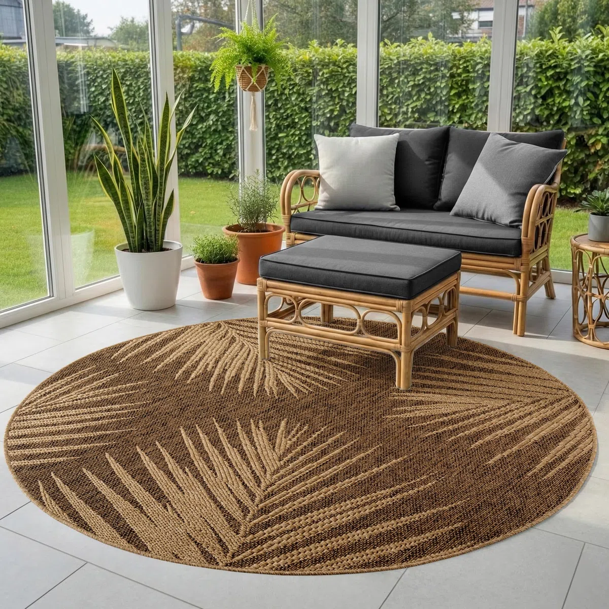 SIMPEX Tapis Extérieur Rond 160 cm Résistant aux Intempéries Facile d'entretien Aspect Jute Naturel Design Palmiers pour Terrasse Jardin Salon Salle à Manger