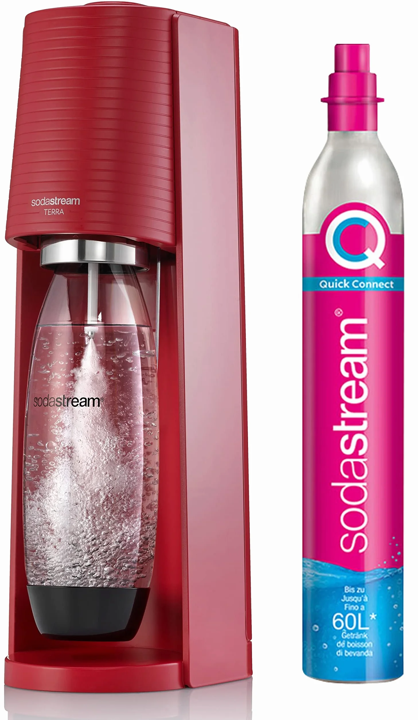 SodaStream TERRA Machine à Eau Pétillante Best-Seller | Pack 1 Bouteille 1L + 1 Recharge de Gaz 60L à Clipser | Rouge