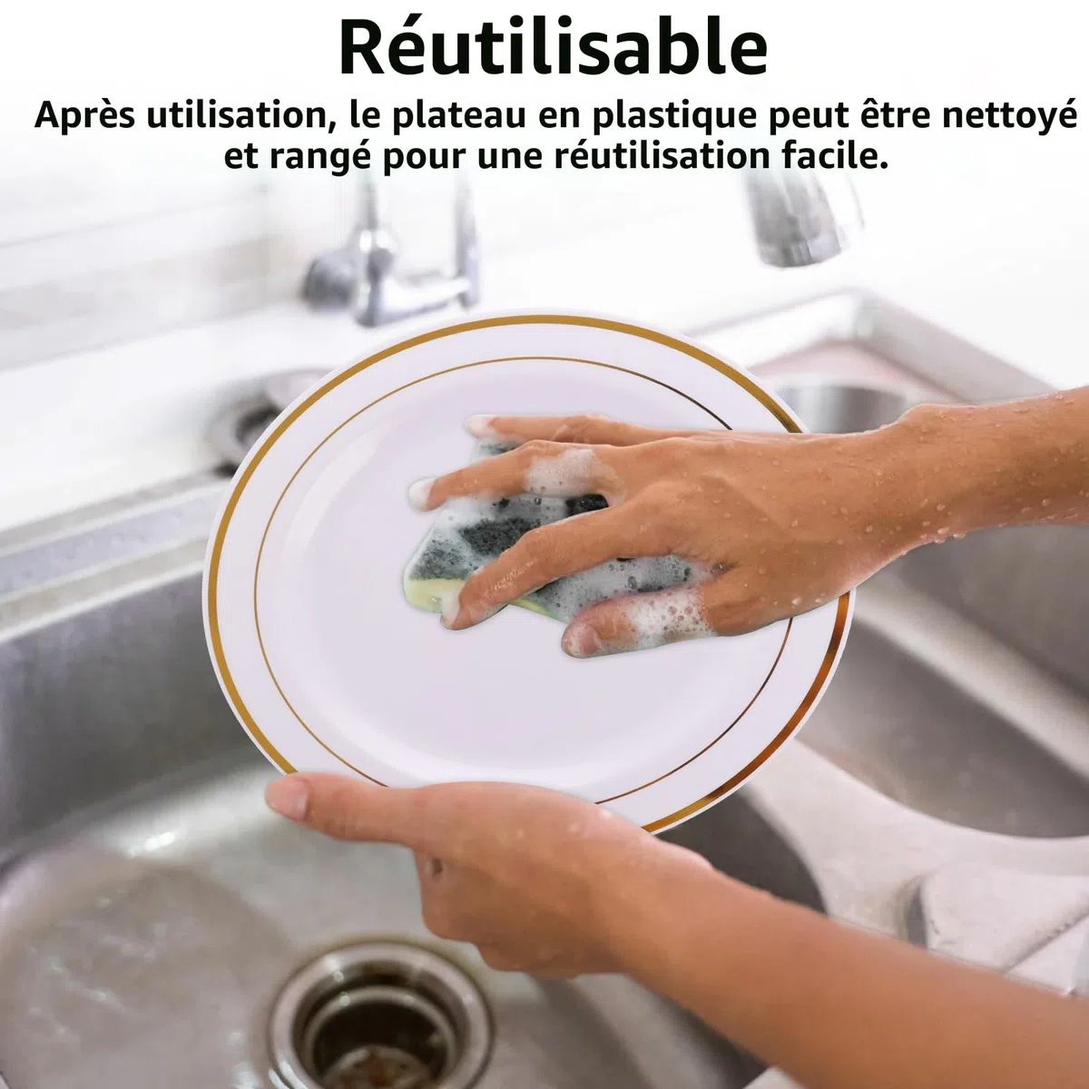 AKOLAFE 50 Pièces Assiette Plastique Reutilisable 20cm Assiette en Plastique Blanche Assiettes Dorées plastique Assiettes plastiques Rigide pour Mariages, Fêtes, Anniversaires, Noël et Baptêmes