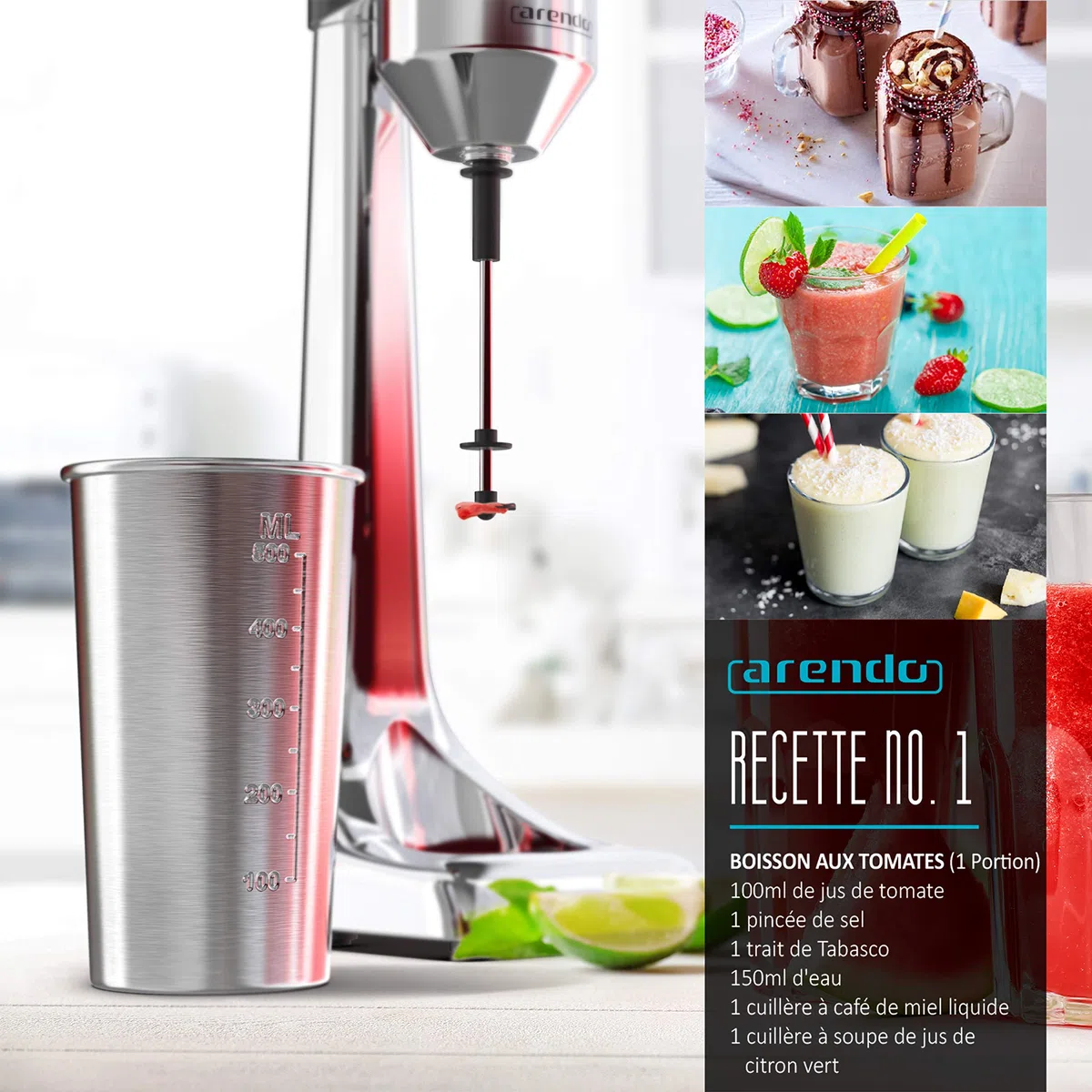 Arendo - Mixeur mélangeur de boissons, Mixer Plongeantblender shaker, Mixeur électrique cuisine, 2 vitesses 22.000 tr/min, Récipient 500ml inox, pour boissons protéinées Smoothies Milkshakes Cocktails