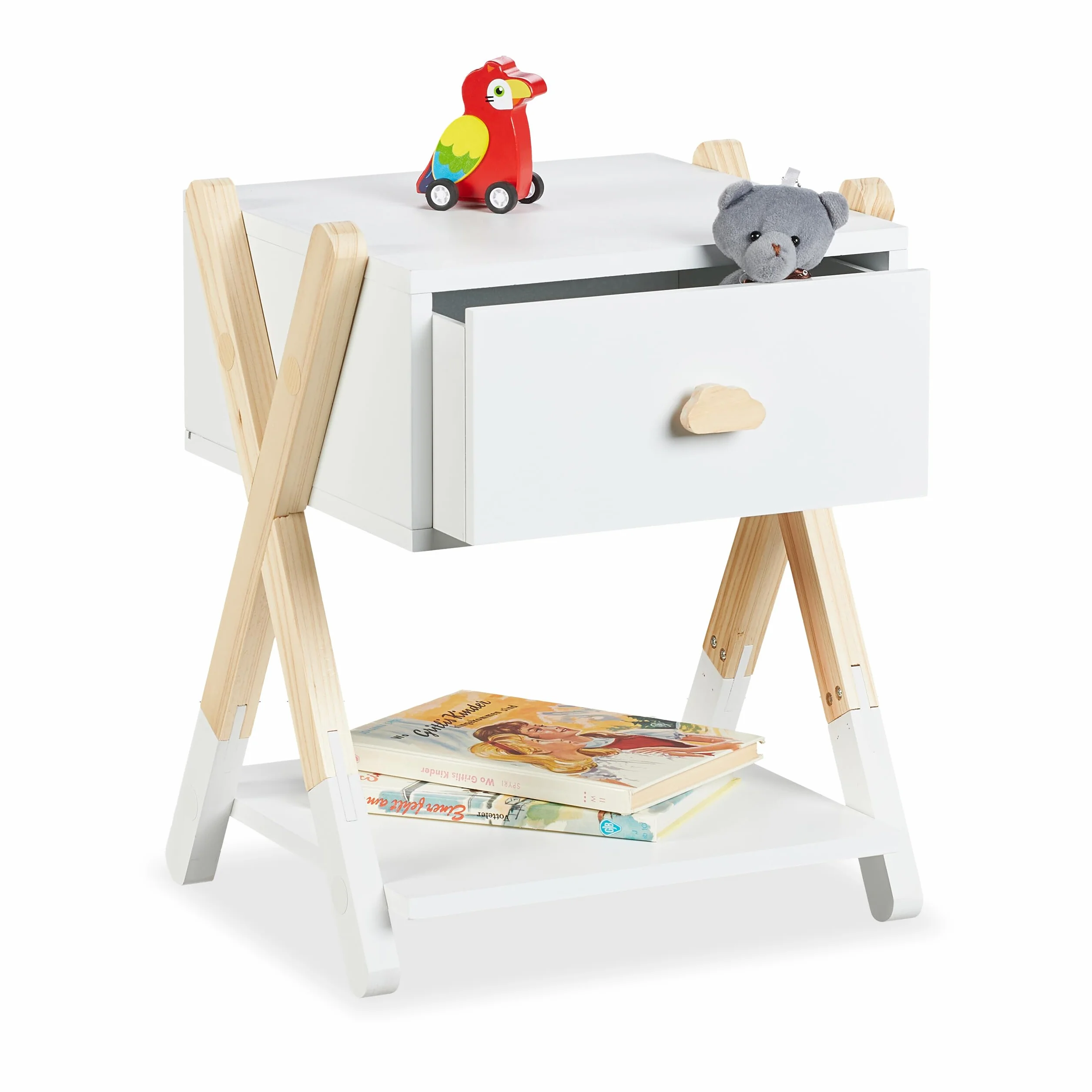Relaxdays Table de Chevet, pour Votre Bout de Chou, Bois de pin & MDF, H x L x P : env. 42 x 34 x 32 cm, Blanc et Nature