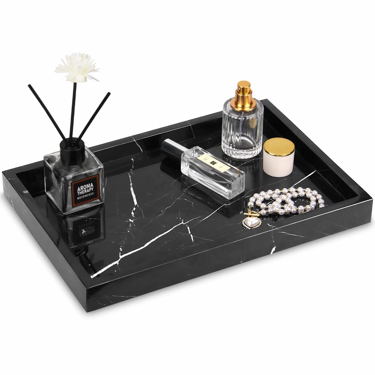 Plateau de Salle de Bain Plateau Marbre Naturel Luxueux Polyvalent Plateaux Décoratif pour Cosmétiques, Plans de Travail, Cuisine, Clés, Café, Parfum, Bijoux (Noire et Blanche, 30 x 20 x 3 cm)