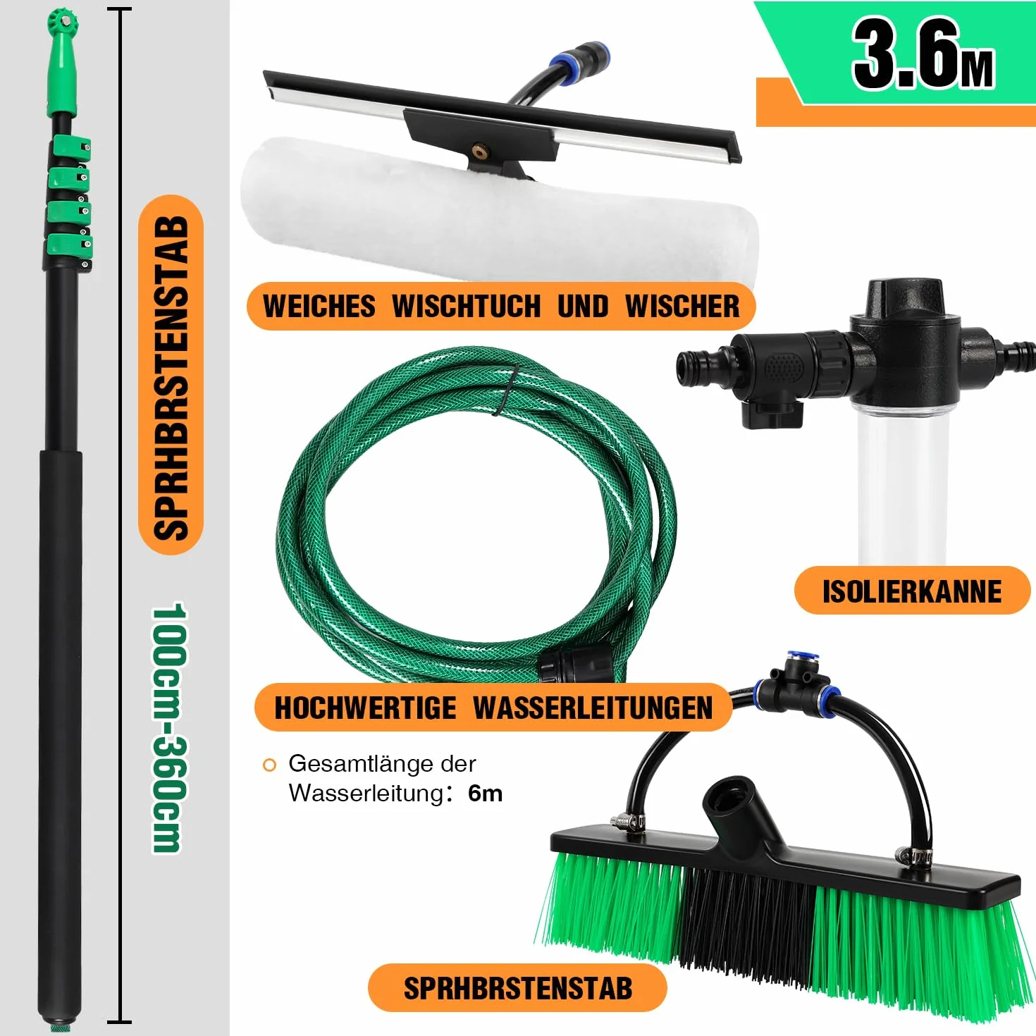 Brosse de lavage télescopique 3,6 m, avec manche télescopique en aluminium, brosse télescopique avec raccord d'eau, nettoyage des installations PV, brosse télescopique, avec poils souples