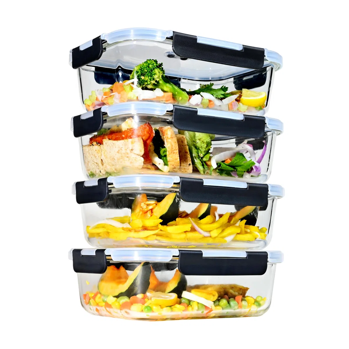 ERUIV Boite Conservation Alimentaire Rectangles, 4 pièce 1520ml Set Contenitori per alimenti, Plat En Verre Avec Couvercle hermétiques, boite de conservation alimentaire en verre empilables, Sans BPA