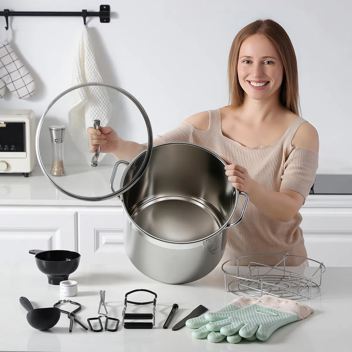 Marmite à Conserves en Acier Inoxydable avec Grille et Couvercle – Grand Stérilisateur pour Bocaux – Kit Complet pour Débuter les Conserves Maison (Noir, 19 L)