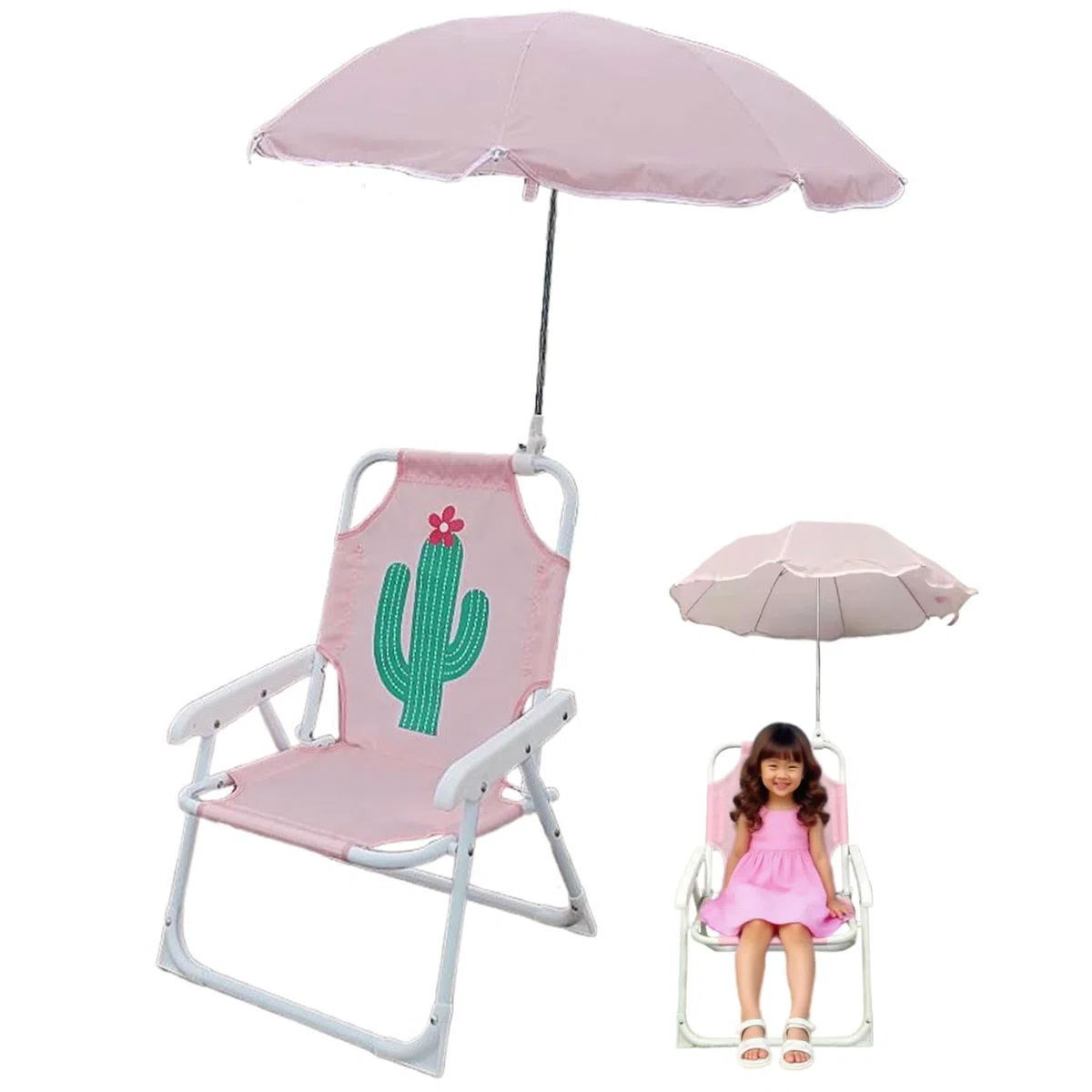 Chaise de Plage pour Enfants avec Parapluie, Pliable et détachable Portable Tissu Oxford Chaise de Plage pour Enfants Mignon avec canopée pour l'été extérieur, Cactus