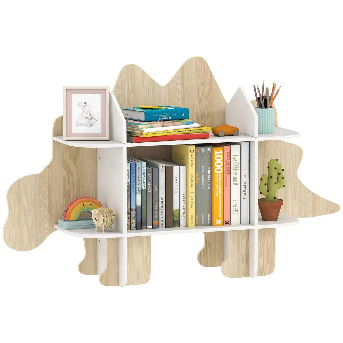 AIYAPLAY Bibliothèque Enfant Design Dinosaure, Meuble de Rangement pour Jouets et Livres, avec 6 Compartiments, 72,2 cm de Hauteur, pour Chambre ou Salle de Jeux, Bois Naturel