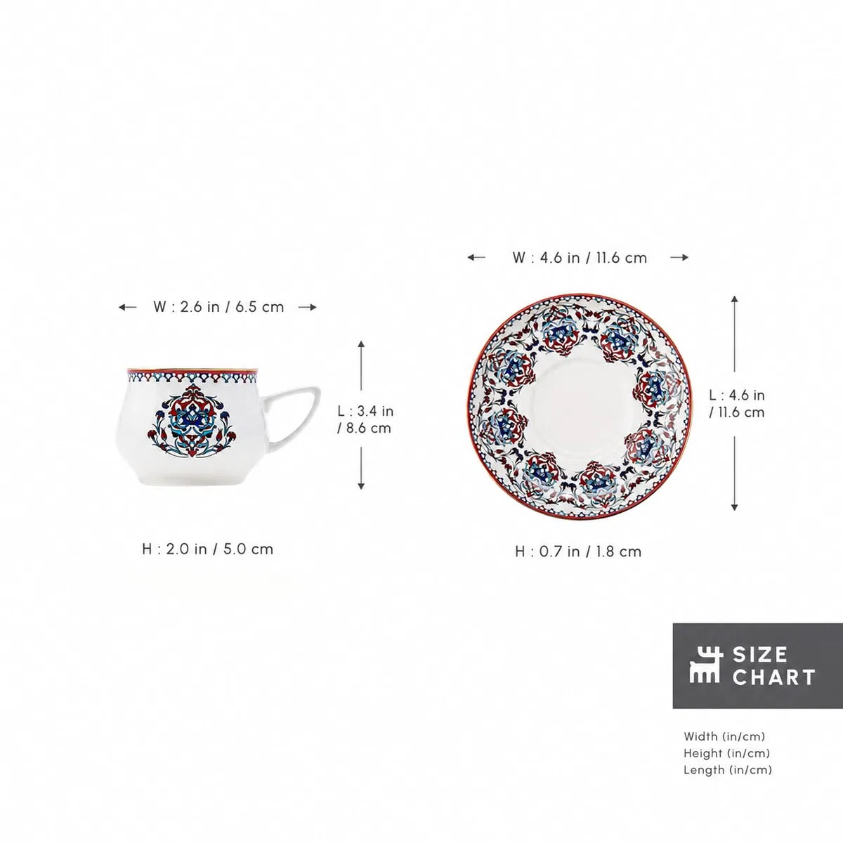 KARACA Nakkash Set de tasses à café turques Pour 6 personnes, 12 pièces, 90 ml, 6x tasses à expresso et 6x soucoupes, Tasses à moka, Set de tasses à expresso en porcelaine, Cappuccino
