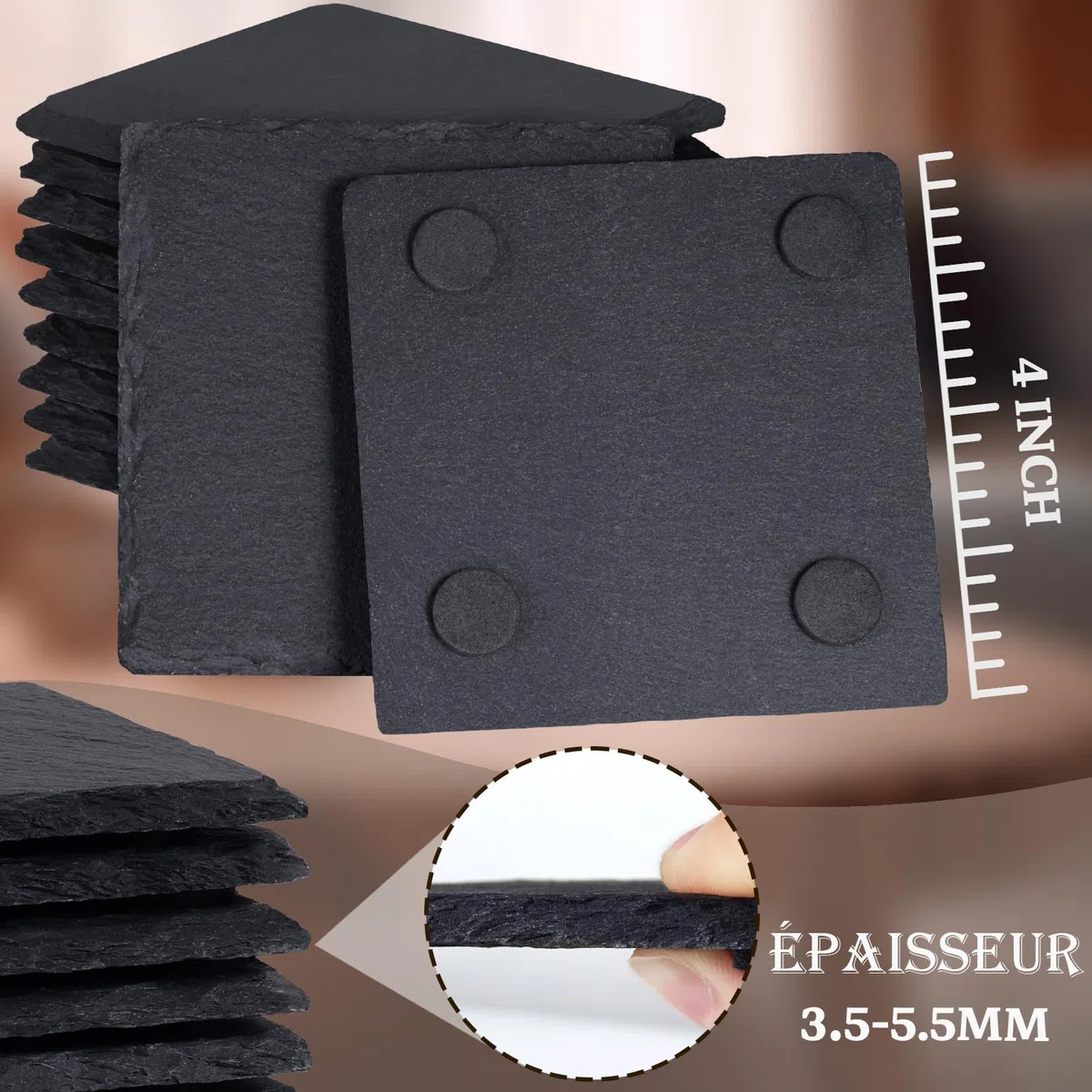 GOH DODD Lot de 60 Dessous de Verre en Ardoise Noire Carrés - 4 Pouces/10cm avec Fond Anti-Rayures - Parfaits pour Maison, Bureau, Cuisine pour Mariage ou Pendaison de Crémaillère