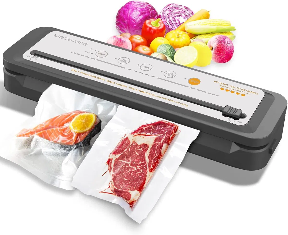 Machine à emballer sous vide MEGAWISE, scelleuse alimentaire portable à forte puissance d'aspiration, sacs et coupe-aliments inclus avec fonction de vide externe, économiseur de fraîcheur (argent)