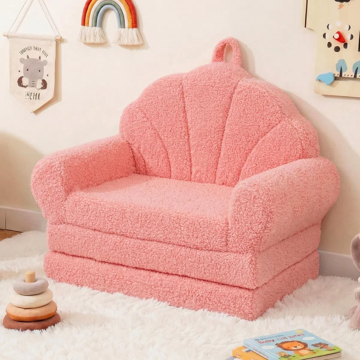 COSTWAY 2 en 1 Canapé-lit Enfant Pliable avec Motif Coquillage, Fauteuil Enfant Convertible en Polaire Teddy avec Housse Amovible & Lavable, Chauffeuse 1 Place pour Cadeau d'anniversaire Fête (Rose)
