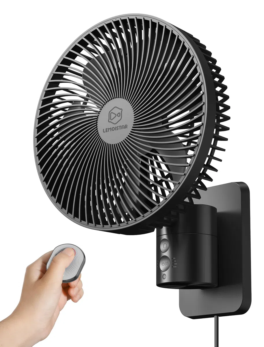 Ventilateur mural oscillant silencieux de 21,6 cm avec télécommande et minuterie, 4 vitesses réglables pour petites salles de bains, rafraîchissement des chambres intérieures pour camping-car
