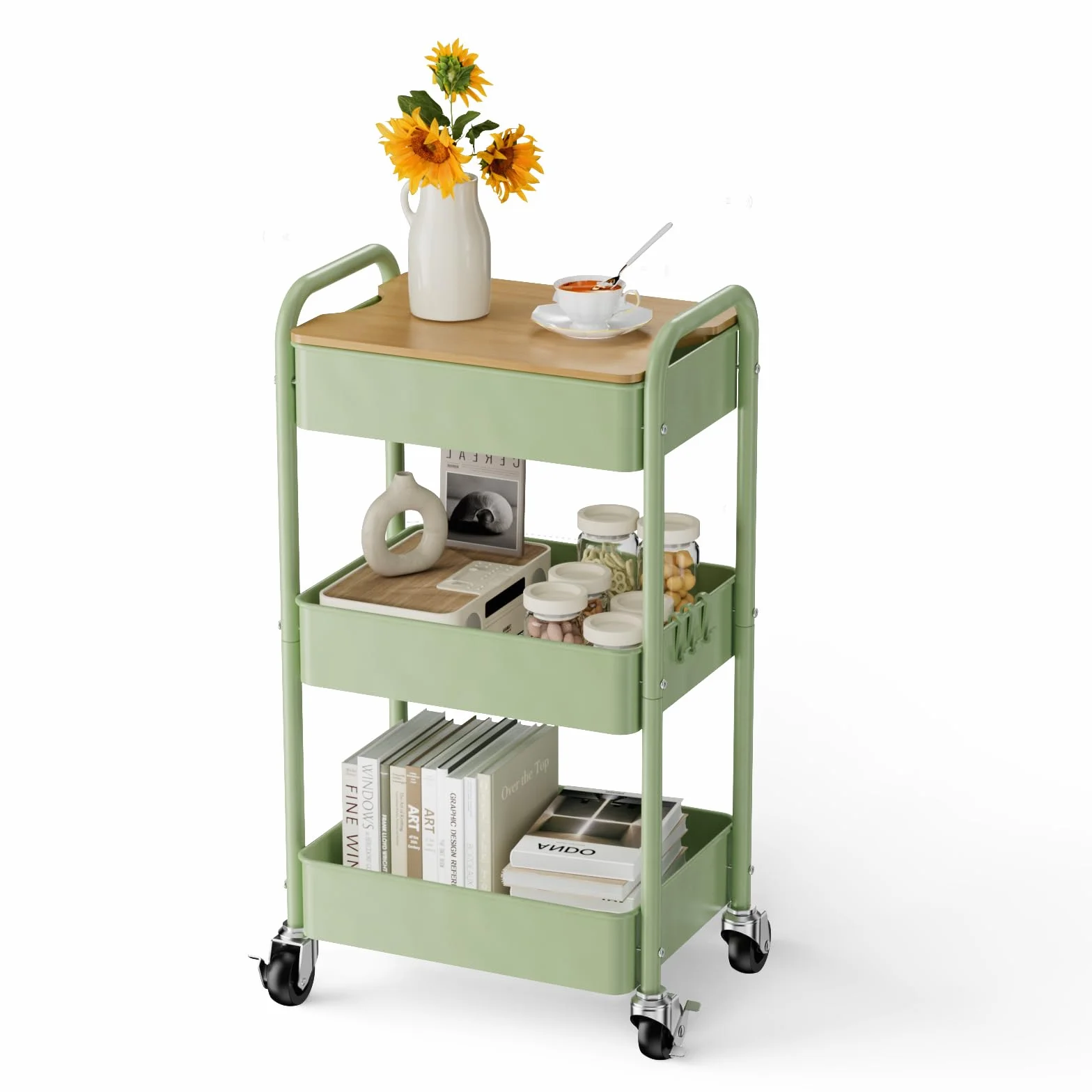 Chariot à 3 Niveaux avec Plateau de Table, Service Polyvalent en Métal, Étagère sur Roues, Organiseur de Cuisine Stable (Vert)