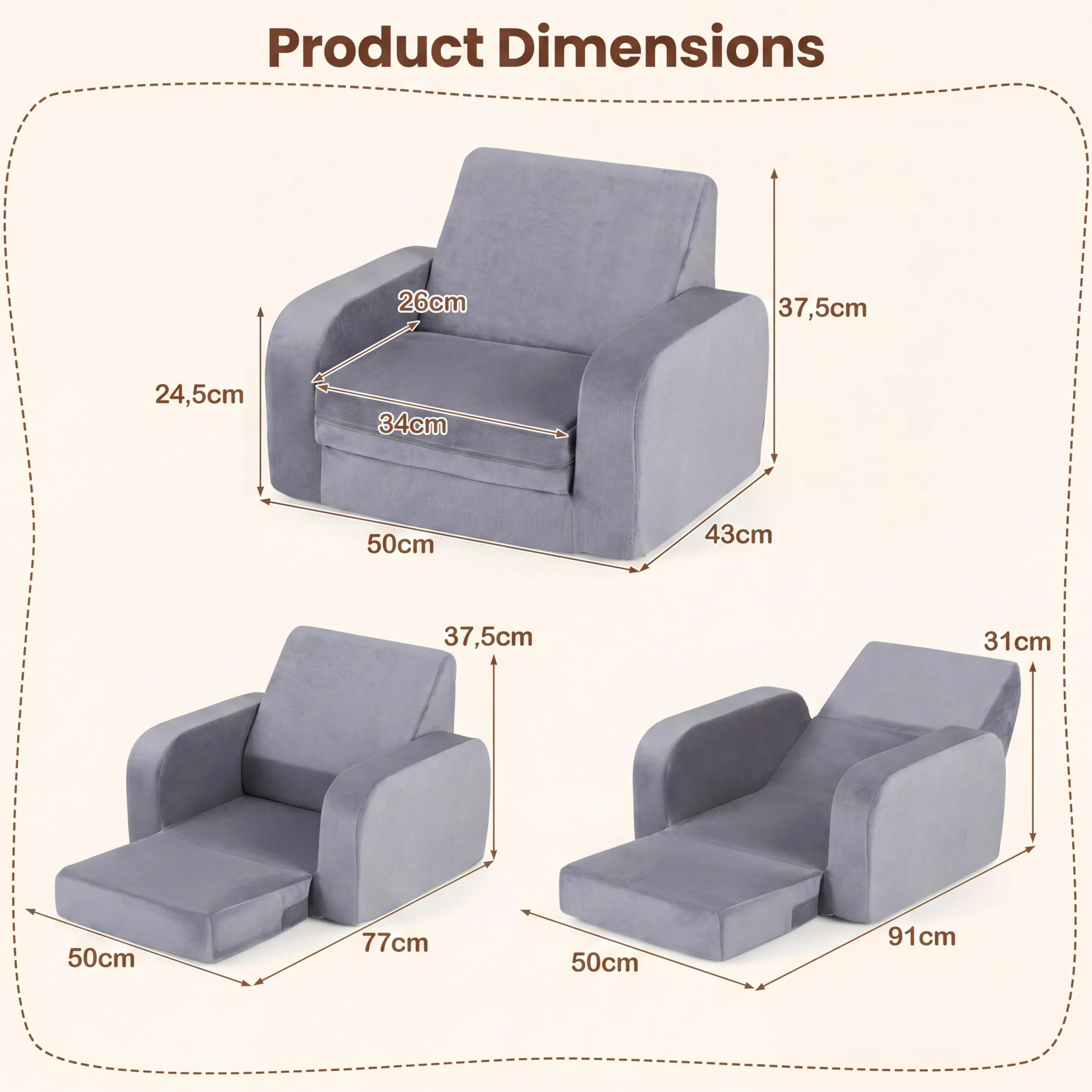 LIFEZEAL Canapé Enfant Depliant 3 en 1, Mini Canapé Enfant Pliable avec Housse Amovible en Velours Cristal, Canapé-lit en Mousse, Fauteuil Bebe pour Chambre et Salle de Jeux (Gris, Plié en 3)