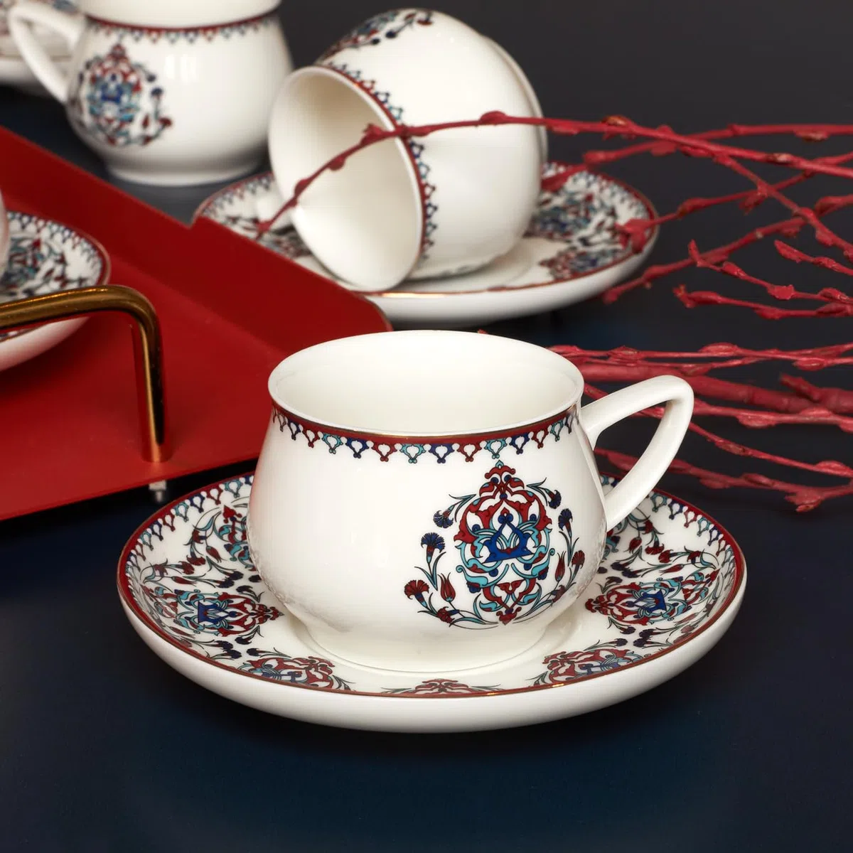 KARACA Nakkash Set de tasses à café turques Pour 6 personnes, 12 pièces, 90 ml, 6x tasses à expresso et 6x soucoupes, Tasses à moka, Set de tasses à expresso en porcelaine, Cappuccino
