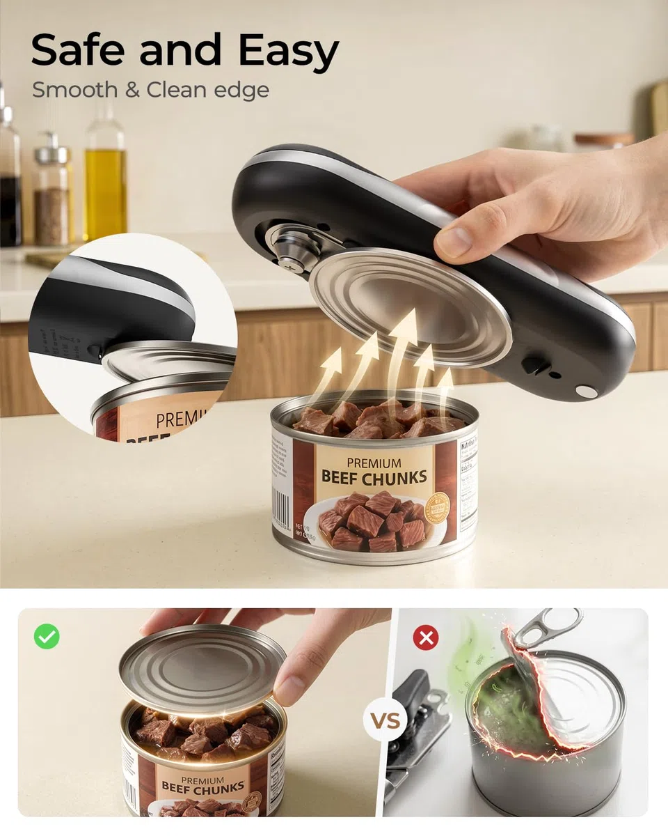 Ouvre-boîte électrique rechargeable pour personnes âgées souffrant d'arthrite - Fonctionnement automatique à une touche - Avec bord lisse - Pour petites ou grandes boîtes