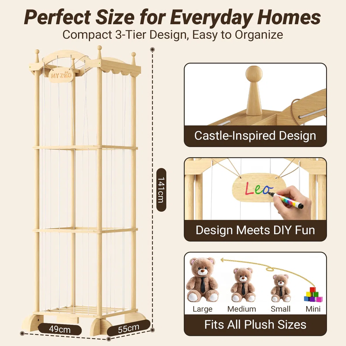 COSYLAND Meuble Rangement Enfant en Bois Naturel en Forme de Château 134x43x43cm - Rangement Jouet Enfant et Coffre à Jouet pour Chambre, Salle de Jeux, Crèche ou École