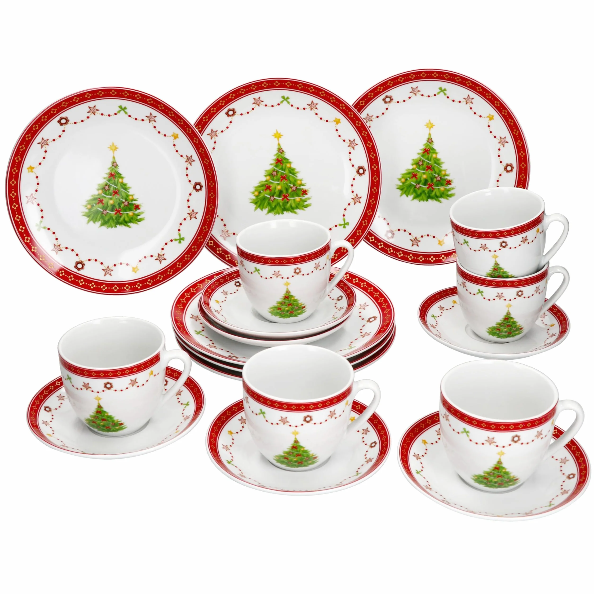 MamboCat Weihnachtstraum Service à café 18 pièces I Service à café en porcelaine pour 6 personnes avec décor de Noël I 6 tasses à café de 190 ml, soucoupes et assiettes à gâteau I Vaisselle pour Noël