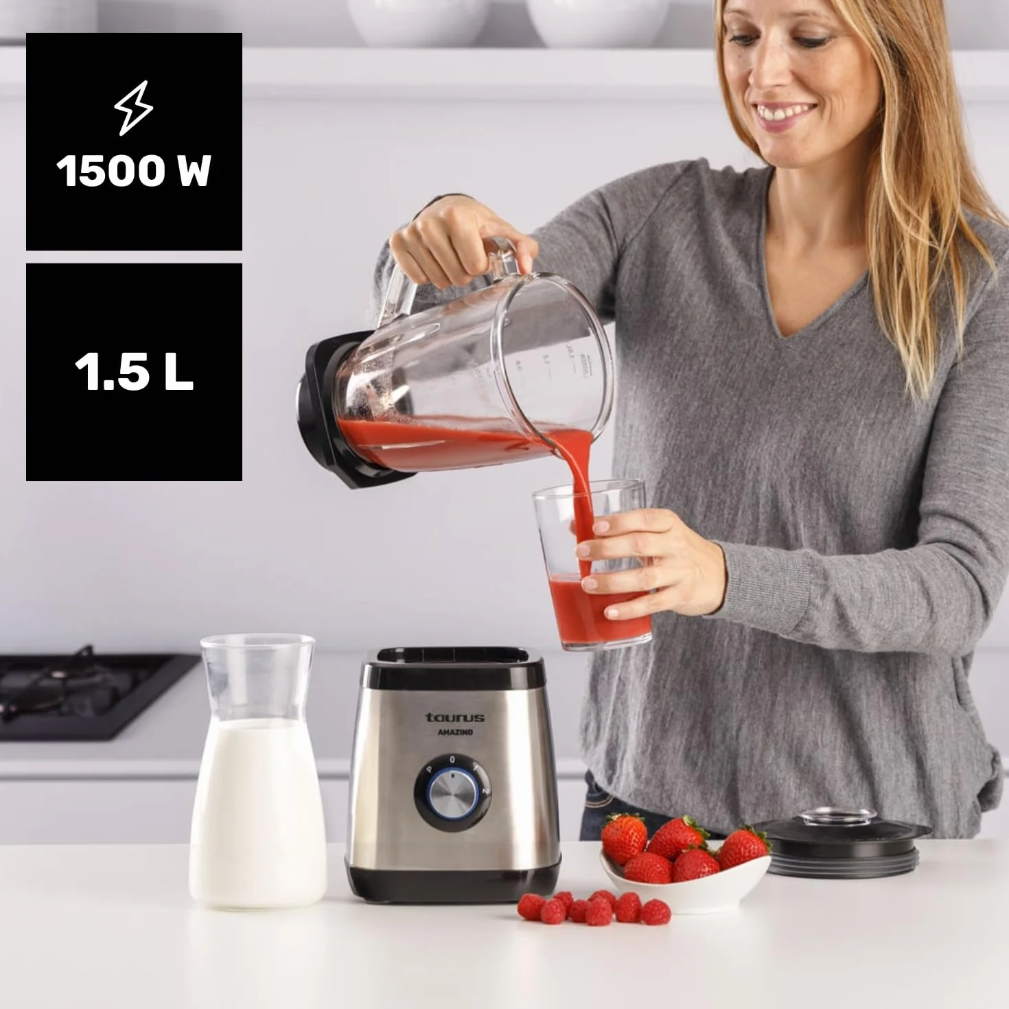 Taurus - Blender de table 1500 W | Bol en verre 1,5 L | 4 lames inox amovibles | Fonction glace pilée | Sans BPA | Compatible lave-vaisselle | 2 vitesses + Turbo | Gris