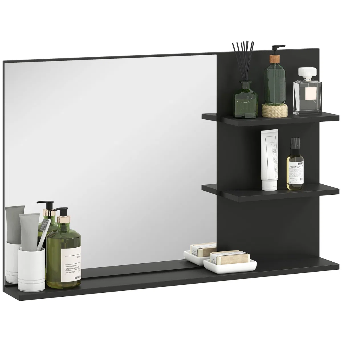 kleankin Miroir de Salle de Bain Moderne avec 2 étagères latérales et Une étagère inférieure, Miroir Mural en MDF et Verre, 75x10x48 cm, Noir