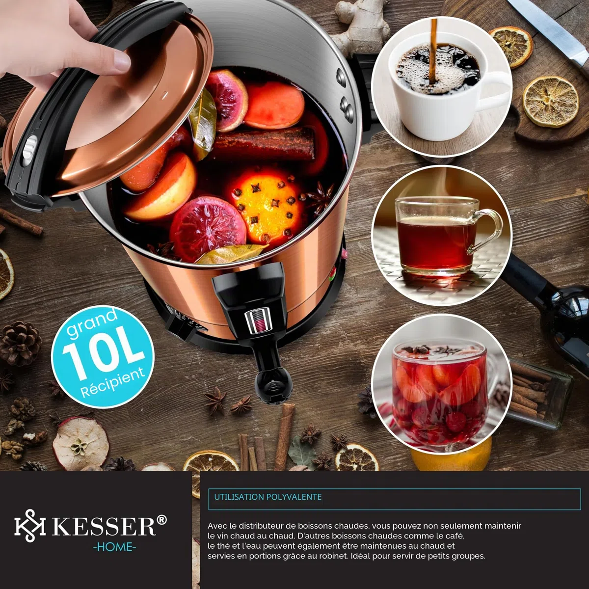 KESSER® Bouilloire à vin chaud en acier inoxydable 10 l avec 10 tasses avec thermostat - Distributeur automatique d'eau chaude - Indicateur de niveau de remplissage - Robinet