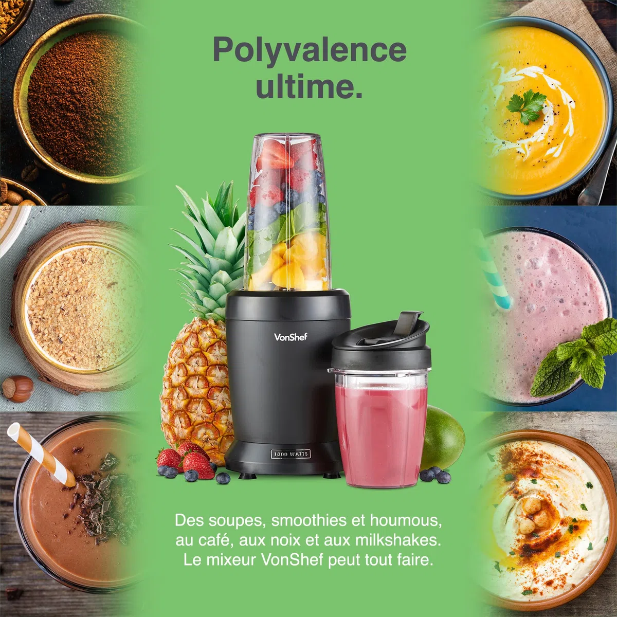 VonShef Blender Smoothie de 1000 W - Mini Mixeur Blender pour Fruits, Légumes et Glace Pilée - Avec Tasses de Voyage de 500 ml et 800 ml, 1 Bouton de Contrôle - Noir
