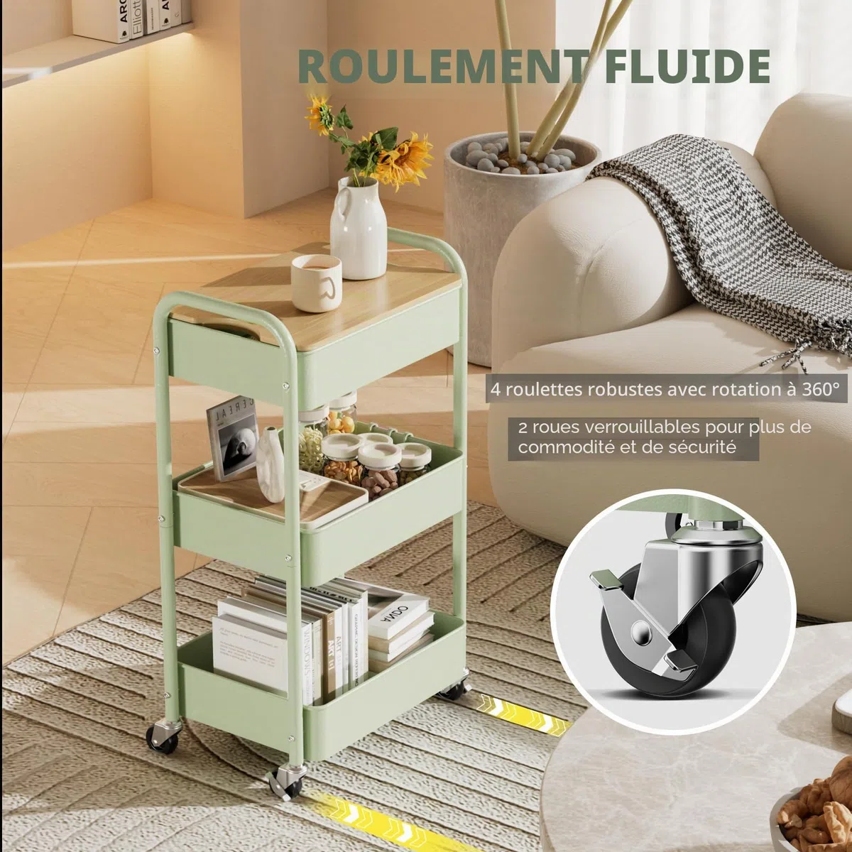Chariot à 3 Niveaux avec Plateau de Table, Service Polyvalent en Métal, Étagère sur Roues, Organiseur de Cuisine Stable (Vert)