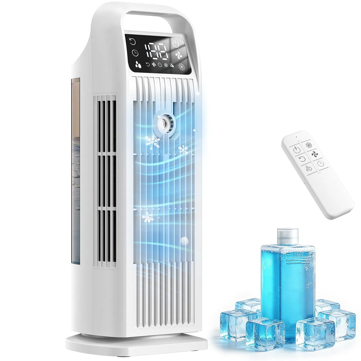 Climatiseur Mobile 6 in 1, Climatiseur Portable Silencieux avec Refroidisseur d'air 1200ml, 1-12H Minuteries, 4 Vitesses, 120°Oscillation, Touches Tactiles (Blanc Cream)