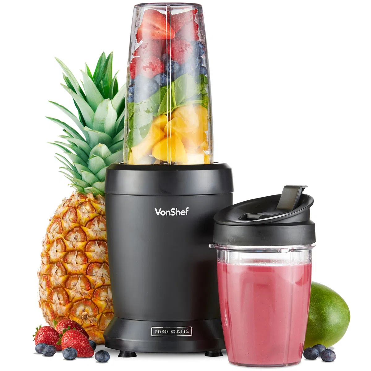 VonShef Blender Smoothie de 1000 W - Mini Mixeur Blender pour Fruits, Légumes et Glace Pilée - Avec Tasses de Voyage de 500 ml et 800 ml, 1 Bouton de Contrôle - Noir
