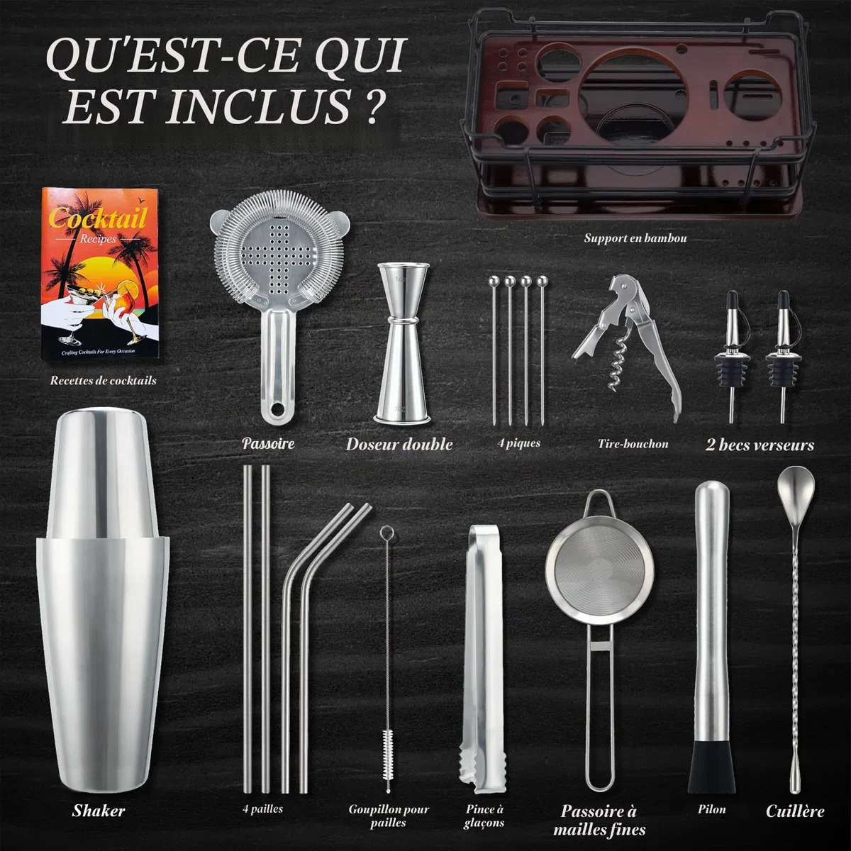 Boston Shaker à Cocktail 20 pièces avec Support, kit Cocktail 825 ML en INOX, Comprenant doseur Cocktail, Pilon et Autres Accessoires Pros, Set Machine à Cocktails pour fêtes, Maison et Bar (argenté)