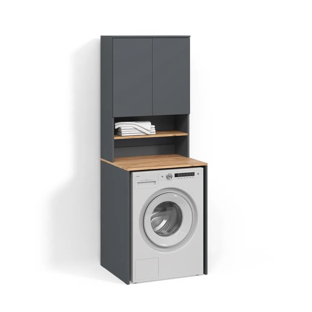 Livinity Armoire Machine à Laver Paolina Anthracite/chêne doré 68x88.2cm | 2 pièces avec étagèreEspace de rangement supplémentaire au-dessus de l'appareil pour le détergent et les accessoires