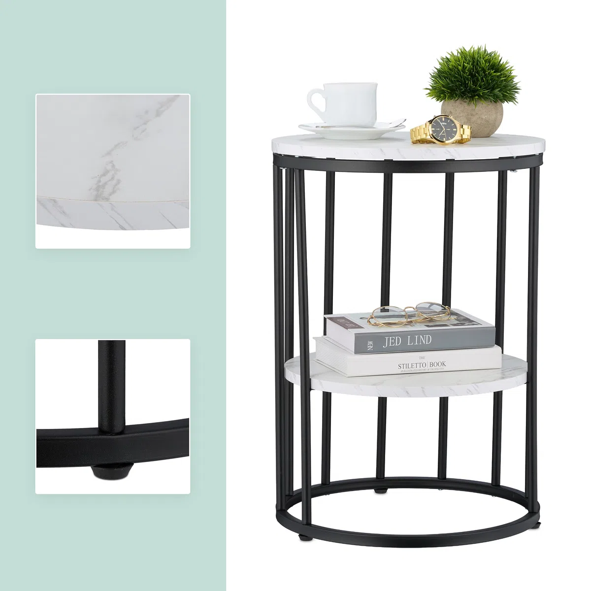 Relaxdays Table d'appoint, 2 Plateaux Aspect marbre, métal et MDF, H x D : 57 x 40 cm, pour Le Salon, Blanc et Noir