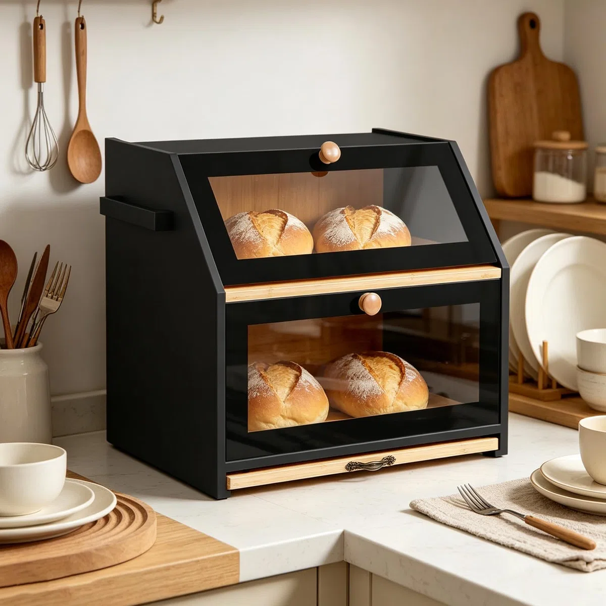 OHMG Boîte à Pain Bambou 2- Couche Countertop Boîte à Pain en Bois de Bambou pour Cuisine, Huche à pain,Nature,pour le stockage du pain,26 * 39 * 32.5cm