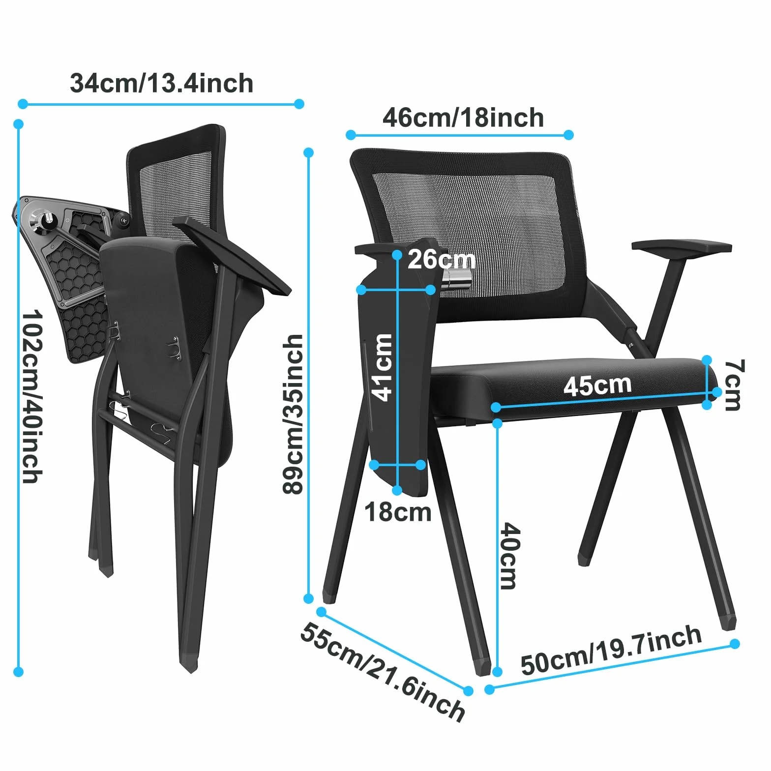 chaises Pliantes,Chaise Portable et Pliable avec écritoire, Cadre en métal, avec Dossier, Chaise de Table pour Salon, Bureau, Salle à Manger, Noir (Lot de 1)