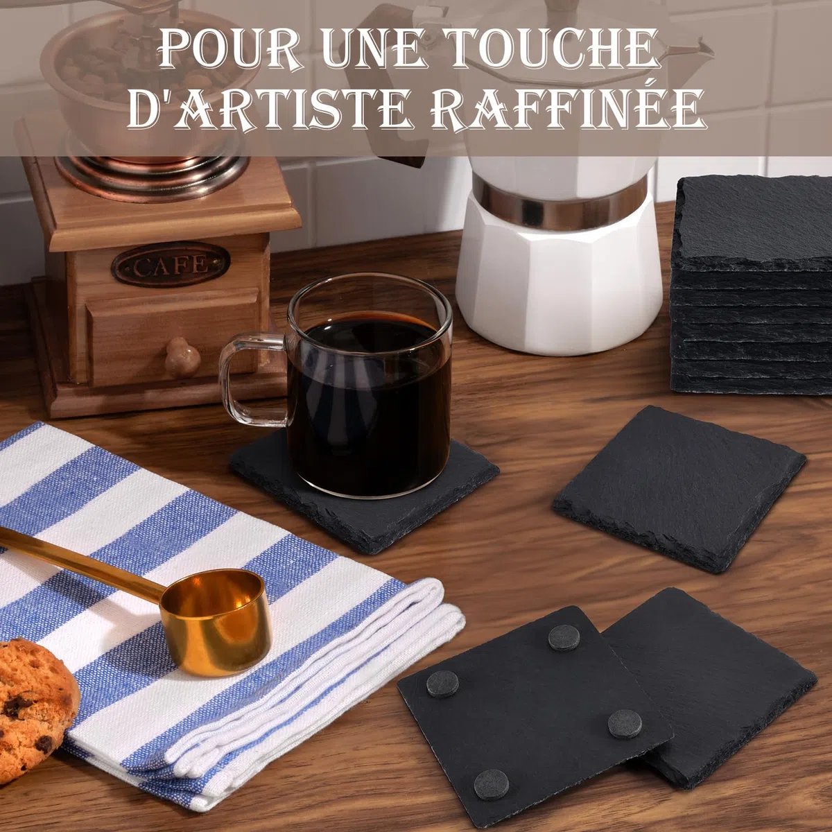GOH DODD Lot de 60 Dessous de Verre en Ardoise Noire Carrés - 4 Pouces/10cm avec Fond Anti-Rayures - Parfaits pour Maison, Bureau, Cuisine pour Mariage ou Pendaison de Crémaillère
