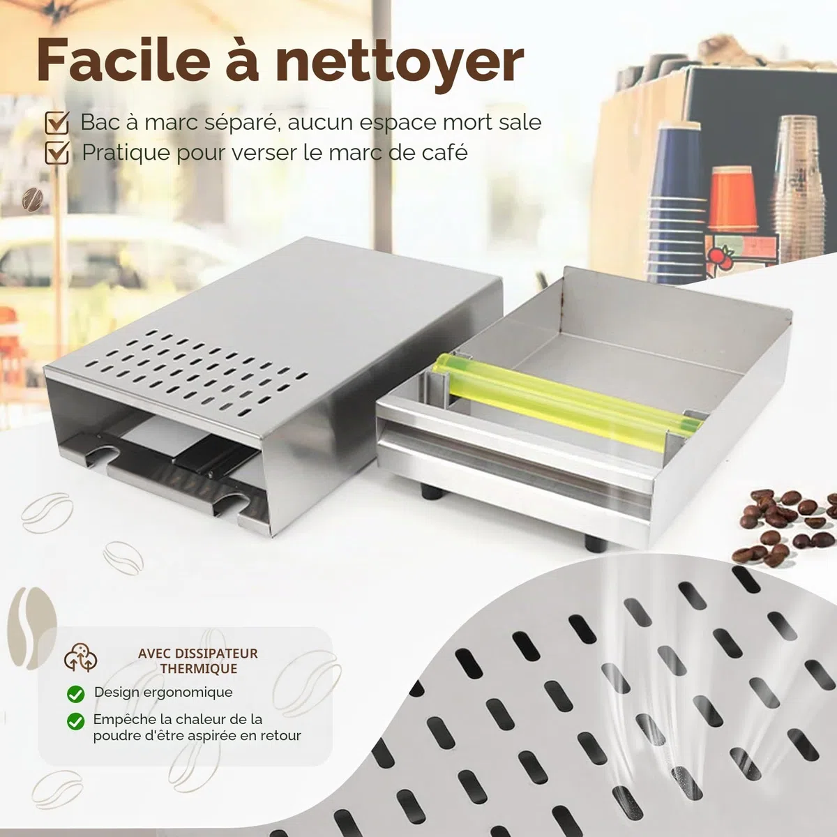 Knock Box Boite a Marc de Cafe Tiroir Détachable en Acier Inoxydable Boîte à Frapper avec Tige de Frappe Caoutchoutée Collecter et Recycler le Marc de Café (Acier Inoxydable)
