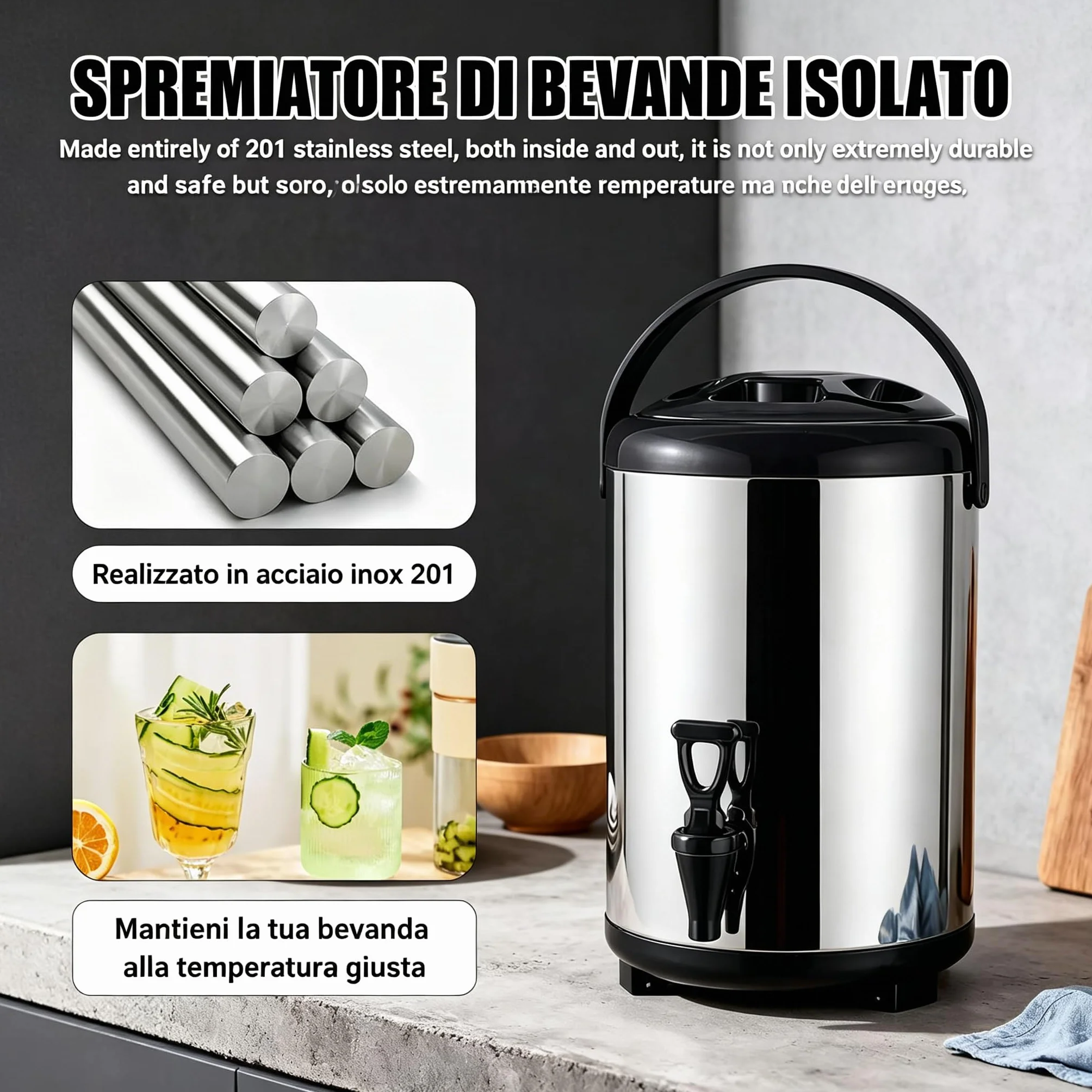 Distributeur de Boissons, 8L Distributeur d'eau Chaude et Froide Seau à boisson isotherme en Acier Inoxydable Bouilloire Thermostat Distributeur d'eau Chaude et Froide avec robinet