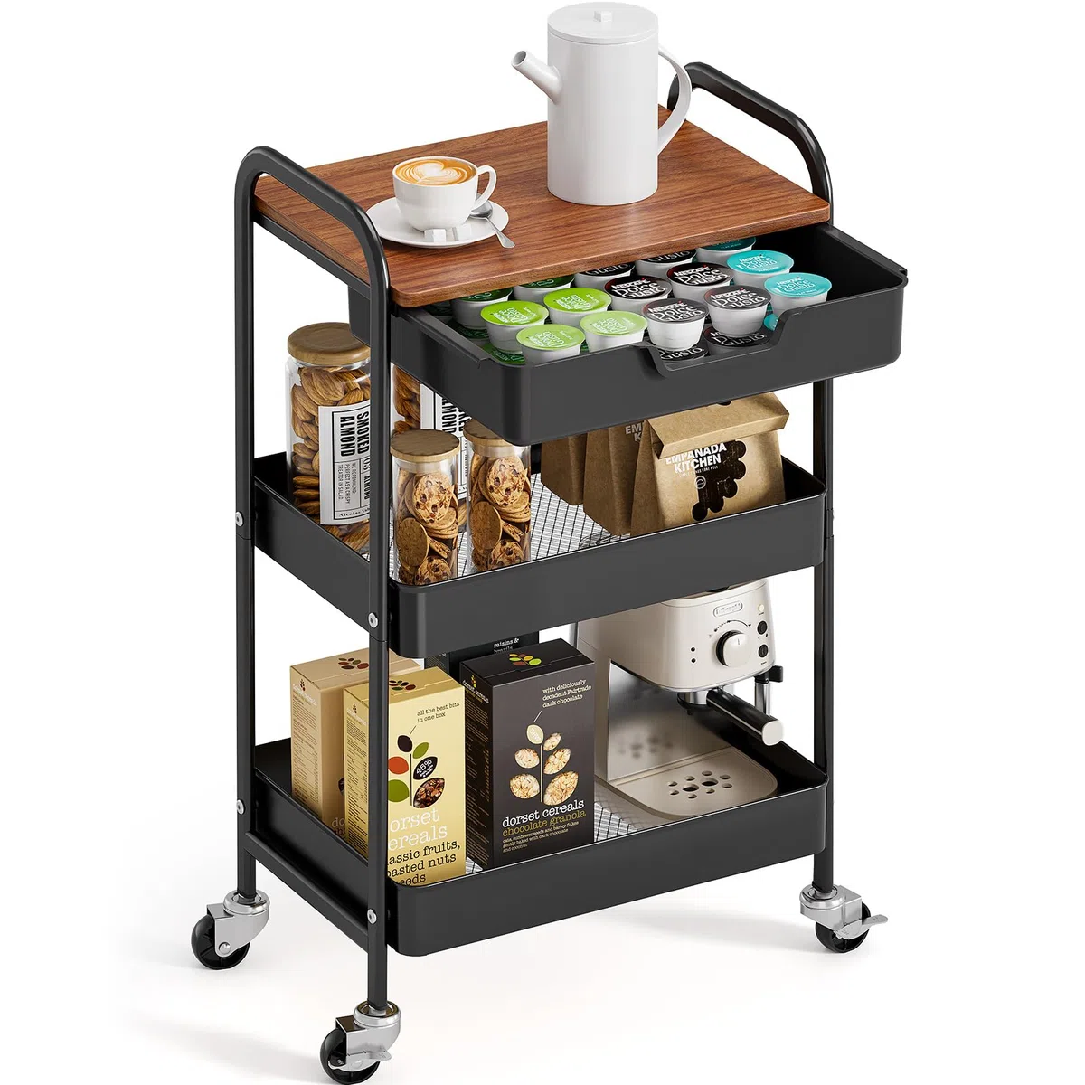 kingrack Chariot de Rangement à 3 Niveaux avec Plateau, Chariot Multifonction en métal pour Cuisine, Maison, Bureau, Salle de Bain, Noir