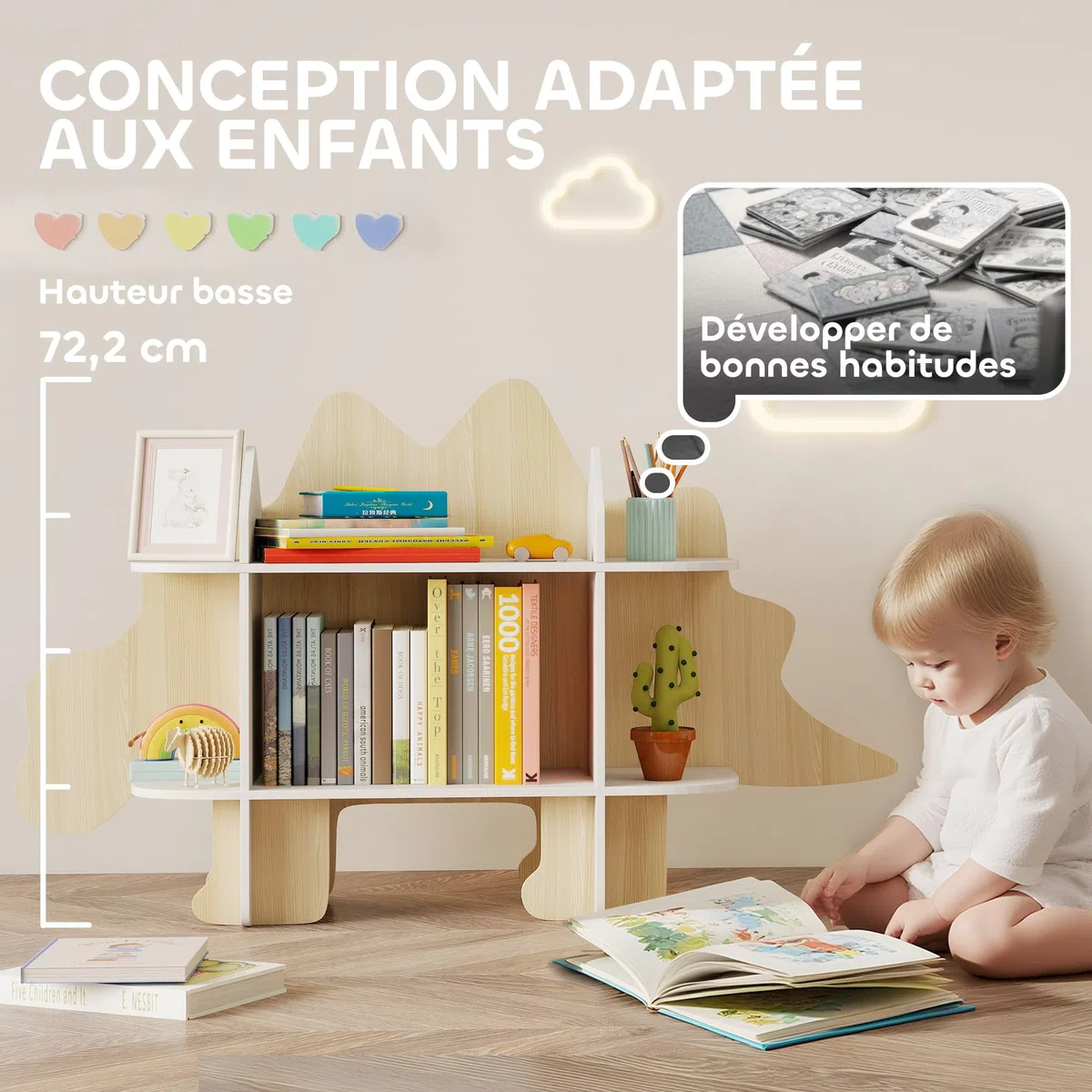 AIYAPLAY Bibliothèque Enfant Design Dinosaure, Meuble de Rangement pour Jouets et Livres, avec 6 Compartiments, 72,2 cm de Hauteur, pour Chambre ou Salle de Jeux, Bois Naturel