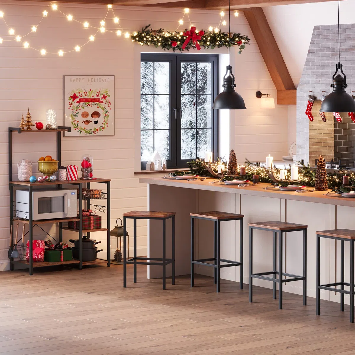VASAGLE Étagère Cuisine, Support pour Four à Micro-ondes, Rangement Cuisine Gain de Place, avec Panier, 6 Crochets, Étagère à Épices, Casseroles, 40 x 90 x 134 cm, Marron Rustique et Noir KKS35X