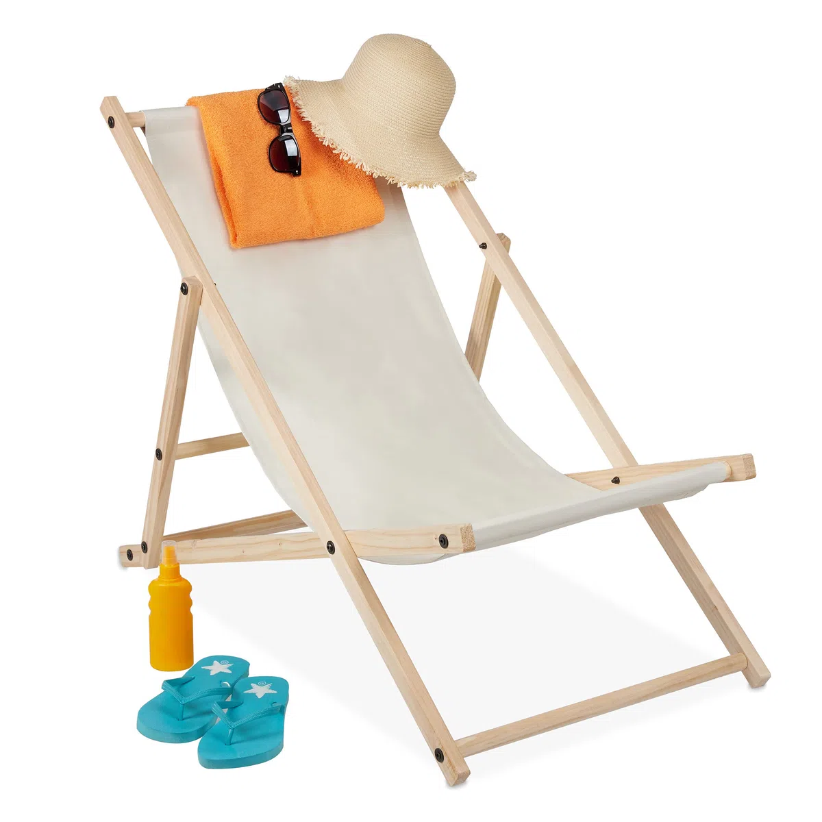 Relaxdays Chaise Longue Pliable, réglable, en Bois de pin & en Polyester, pour Jardin, Plage et Balcon, Beige