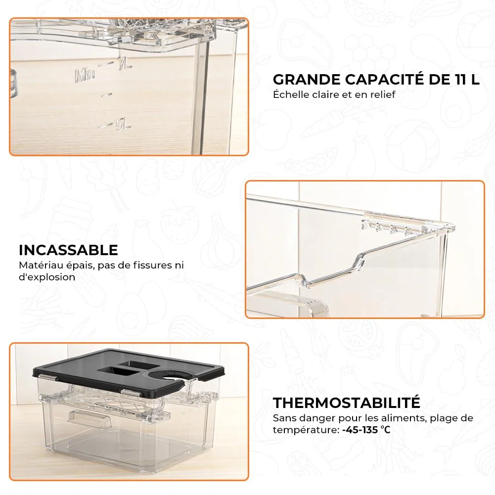 Récipient Sous Vide avec Couvercle Récipient Sous Vide avec Support 11L pour Cuiseur Sous Vide Plusieurs Marques Adaptées Multifonctionnel Double Porte Clair sans BPA