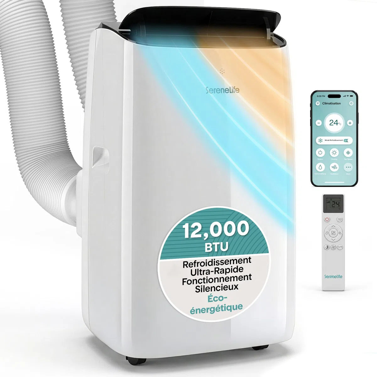 SereneLife Climatiseur Mobile Inverter A+++ 12000 BTU – 4 en 1 Refroidissement Chauffage Déshumidification Ventilation, Auto-Swing, WiFi, Ultra Silencieux 44 à 49 dB avec Kit Fenêtre