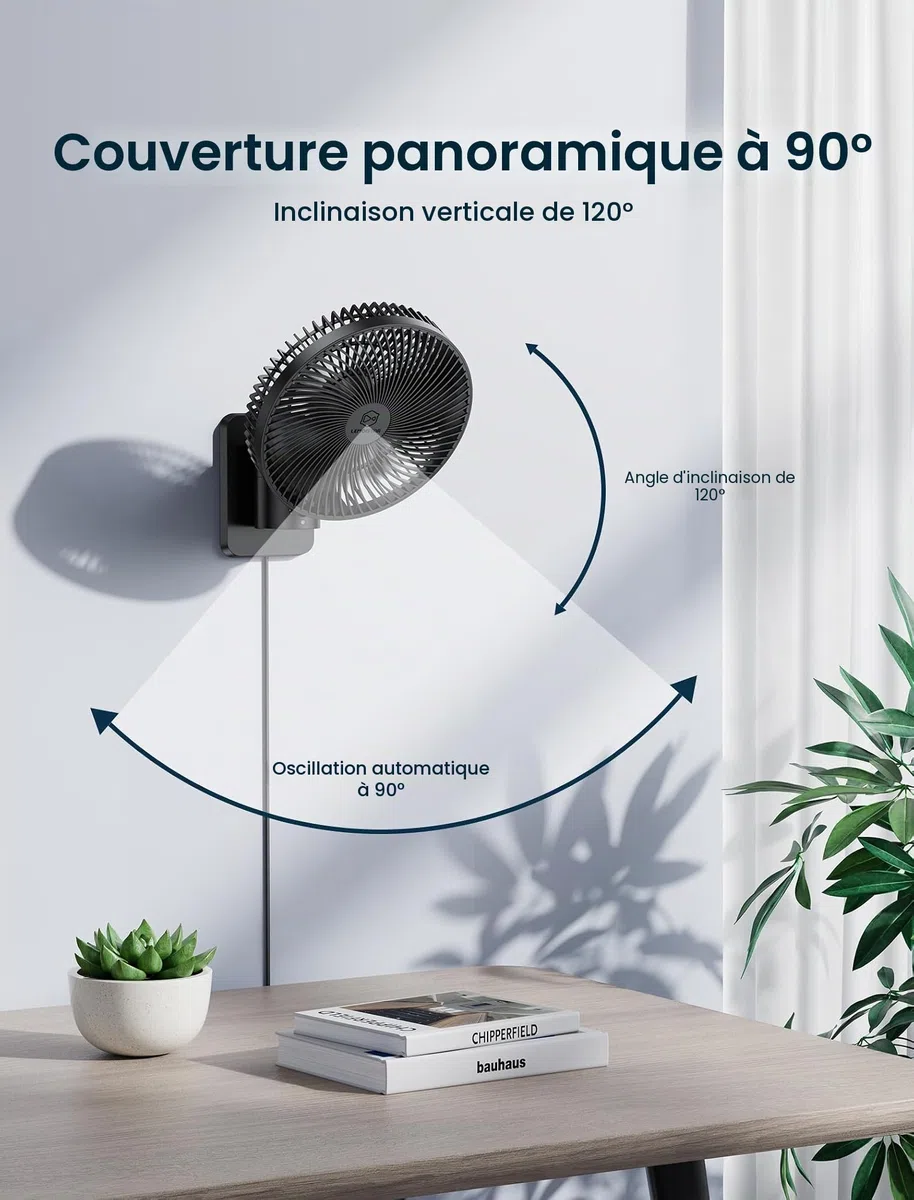 Ventilateur mural oscillant silencieux de 21,6 cm avec télécommande et minuterie, 4 vitesses réglables pour petites salles de bains, rafraîchissement des chambres intérieures pour camping-car