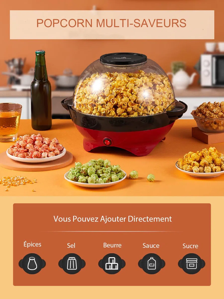 HOUSNAT Machine à pop-corn - Grande capacité de 5,5 l - 800 W - Avec revêtement antiadhésif et surface chauffante amovible - Silencieuse et rapide