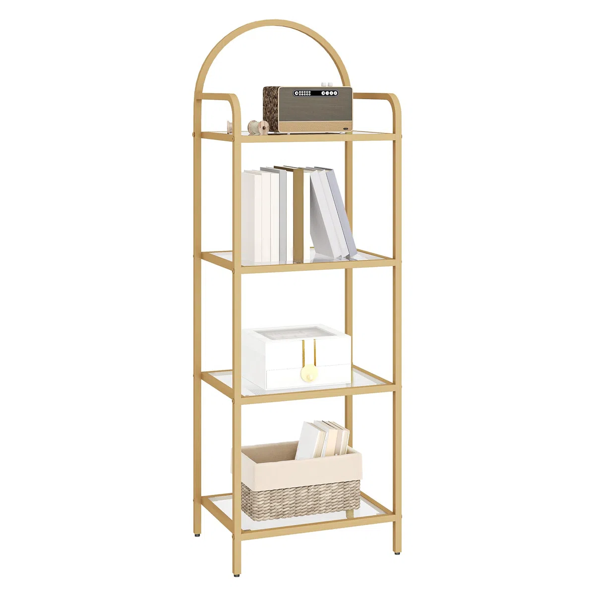 Hzuaneri Bibliothèque 4 Niveaux, Étagère en échelle en Verre trempé, étagère Mince pour la Chambre, la Salle de Bain, Le Bureau à Domicile, Cadre en Métal, Doré BC04001G